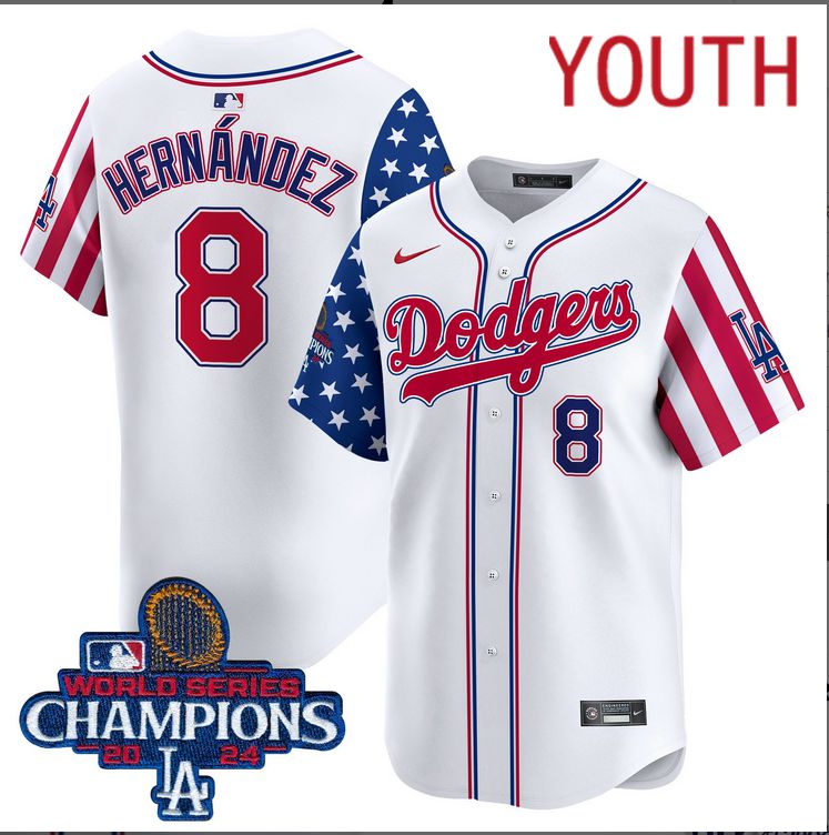 Youth  MLB Los Angeles Dodgers #8 Hernandez American Style white 2024 World Series Champions  Limited Jersey->youth mlb jersey->Youth Jersey